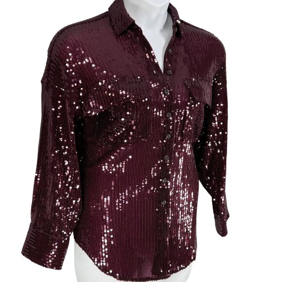 Anthropologie Pilcro Women XS OVERSIZED Burgundy Sequin Button Up Fairy Glam Top - Picture 4 of 16